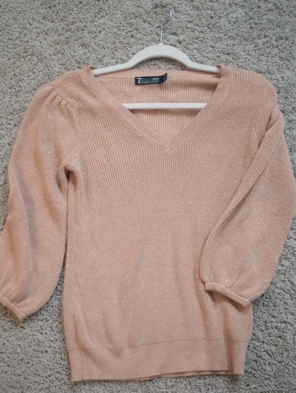 7th Ave Design Studio Glitter Ribbed Sweater - Camel - Picture 2 of 3